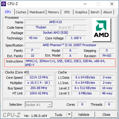 CPU-Z showing supported instruction sets