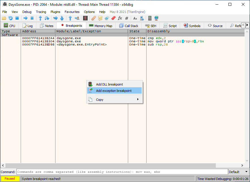 Setting the exception breakpoint