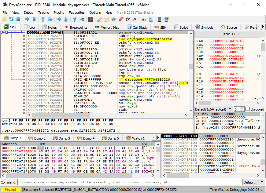 Debugger stopped at illegal instruction